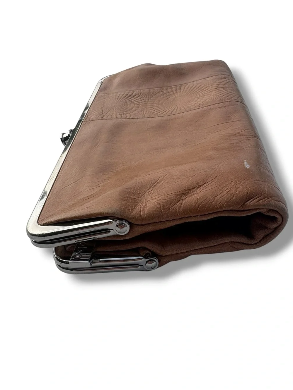 HOBO Lauren Clutch Wallet Brown Leather Embossed Frame Kiss Lock Organizer